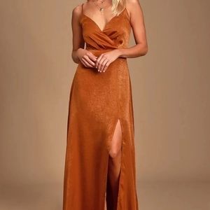 Lulu's Constantine Rust Orange Satin Maxi Dress